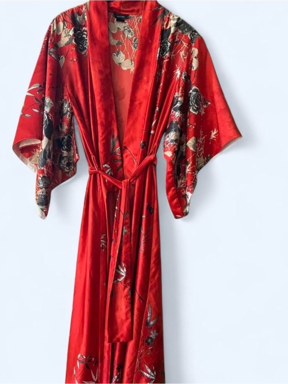 Natori Women’s Red Satin Floral Kimono Robe Size XS